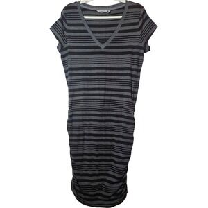 Athleta Large Striped V-Neck Ruched  Midi‎ Dress Black Gray Casual Comfort